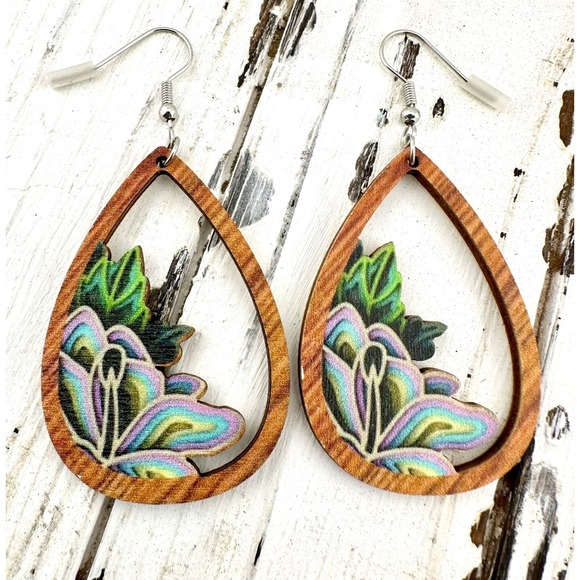 Jewelry - Purple Flowers in Chestnut Wood Teardrop Frame Earrings